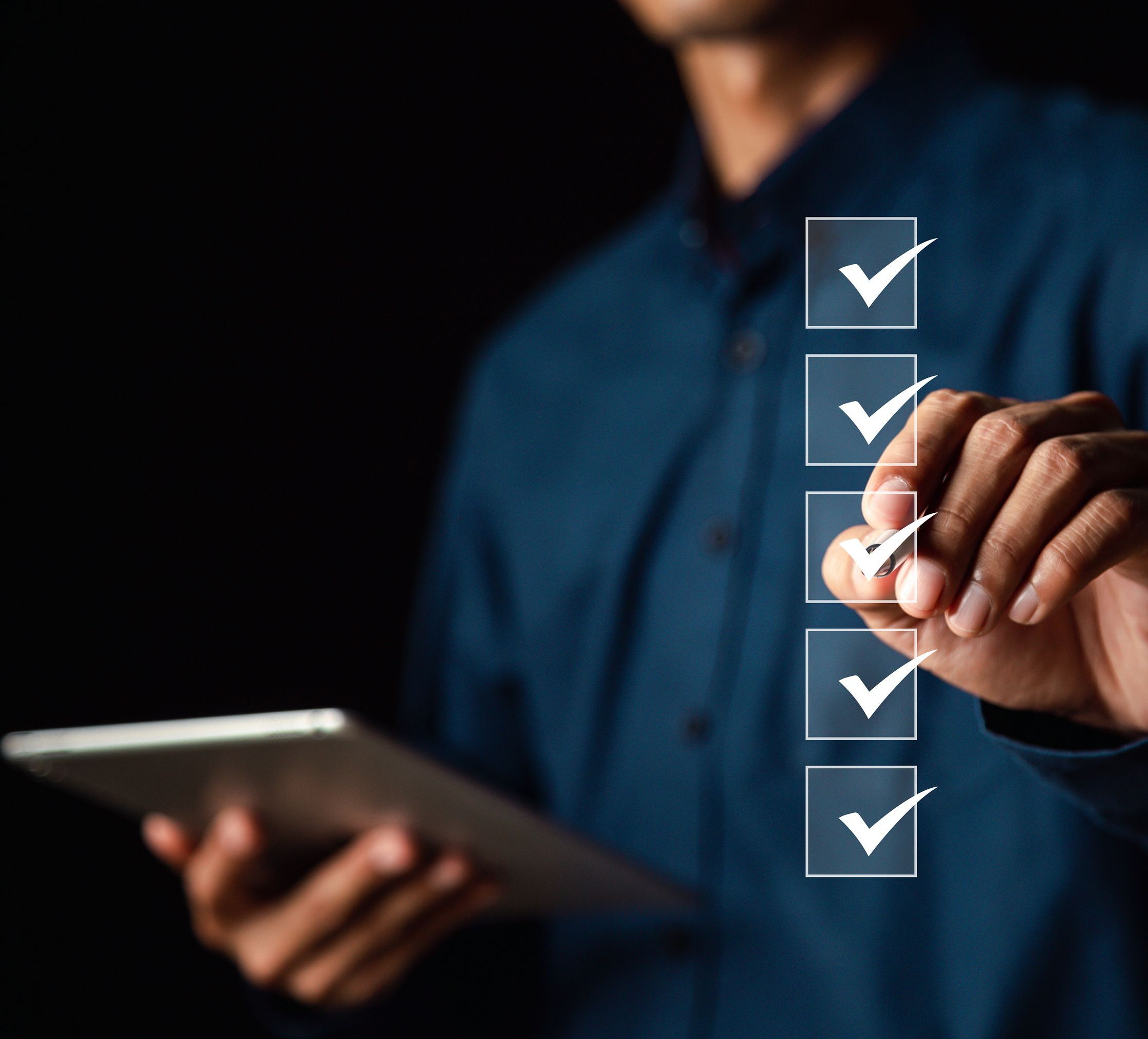 Performance checklist, businessman using checklist survey, filling out digital form checklist, take an assessment, questionnaire, evaluation, online survey, online exam.;